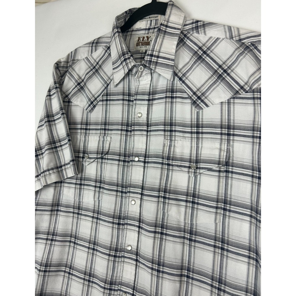 ELY Cattleman Workwear Shirt Mens White Gray Plaid Pearl Snap Short Sleeve L